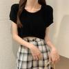 Blusa de Tricô Curta com Gola Redonda Solta para Mulheres Verão 2021 Nova Slim-fit Manga Curta Fina Top