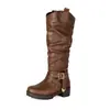 Estilo retro europeo y americano, botines con volantes, detalle de hebilla de cinturón, botas Western de caña alta, botas de tacón medio grueso, tallas 40-45, talla grande, botas de calidad de exportación