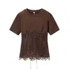 Ins transfronterizo europeo y americano 2026 nueva moda elegante para mujer al por mayor simple versátil cuello redondo empalme de encaje camiseta top
