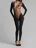 Conjunto de Verão Europeu e Americano Transfronteiriço Novo Estilo Sexy Decote Baixo Manga Longa para Yoga Calça Longa de Cintura Alta Modeladora Transparente Macacão