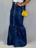 Saia Jeans Vintage de Uma Fileira com Múltiplos Botões, Elástica, Comprimento Médio, JEANS Europeu e Americano, Slim Fit, TK Levanta Bumbum 6