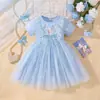 Vestido de Princesa de Malla con Encaje de Corazón Elsa de Frozen para Niñas, Manga Corta, Verano, con Relieve Plateado de Copo de Nieve