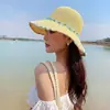Sombrero de Sol Plegable Versátil, Sombrero de Protección Solar de Estilo Nuevo, Sombrero de Paja con Cuentas de Madera Coloridas Estilo Hyuna, Sombrero de Pescador para Mujer, Sombrero de Playa de Verano