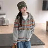Suéter con capucha y cremallera estilo Fair Isle coreano, casual y de corte holgado, perfecto para finales de otoño, con diseño de punto jacquard, top de moda