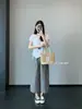 Estilo perezoso japonés~Pantalones de pierna ancha adelgazantes de cuadros de algodón burbuja para mujer, verano, holgados, casuales, rectos, de nueve puntos 046