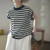 Camiseta de manga corta a rayas de algodón puro francés para mujer, nuevo estilo de verano, holgada, rejuvenecedora, casual, temperamento moderno, top de punto, moderno