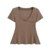 Top Cropped de Manga Curta Fino Ligeiramente Transparente Estilo Desejo Puro para Mulheres Chegada Nova de Verão Estilo Preguiçoso Gola V Bolso Cintura Ajustada Camiseta Emagrecedora