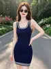Vestido justo de verão sem mangas, gola quadrada, azul marinho, estilo francês, inspirado em Hepburn, para mulheres, elegante