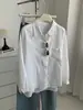 Camisa de bolso elegante e leve em Tencel-linho para mulheres, outono precoce, temperamento suave, corte solto, tamanho grande, colarinho de lapela, camisa em camadas