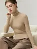 Suéter de punto de una sola pieza sin costuras de cuello alto 100% cachemira para otoño e invierno para mujer, tejido de punto ajustado acanalado