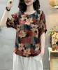 Camiseta artística de algodão e linho, top feminino colorido, solto, casual, retrô, viajante, verão, manga curta, estampado, camiseta da moda