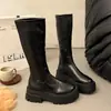 Botas de Plataforma Chunky con Tacón Grueso de Color Liso Estilo Coreano para Mujer 2026 Otoño/Invierno Nuevas Punta Redonda Estilo Callejero Versátiles Negras Hasta la Rodilla
