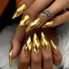 Unhas Moda Europeia e Americana em Formato de Amêndoa com Ponta Redonda, Cor Dourada com Diamante Eletrodepositado, Unhas Destacáveis Usáveis Simples e Estilosas