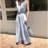Vestido chaleco de Corea del Sur, chic, romántico, estilo francés, cuello de cisne, escote en V profundo, azul, cordón, bolsillo de encaje, para el día