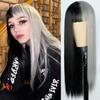 AliExpress nova peruca feminina cabelo longo liso yin e yang cor metade preto metade cinza costura fibra química cabelo longo liso feminino