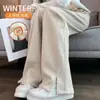 Calça de Lã Espinha de Peixe de Perna Larga para Outono e Inverno Feminina, Cintura Alta, Forrada com Lã, Espessa, Design com Fenda, Versão Estreita, Calça Reta de Lã