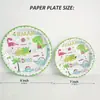 Venta al por mayor de fábrica Personalizado Verde Dibujo Animado Dinosaurio Pintura de Color Decoraciones para Fiesta de Cumpleaños Vajilla Desechable de Papel Set