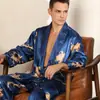Conjunto de Dos Piezas para Hombre de Seda: Bata de Noche y Pantalón Largo, Pijama Delgado de Manga Larga, Bata de Dragón T811 Talla Grande, Cuello Revuelto, Lujo Ligero