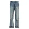 Calça Jeans Vintage Lavada Desgastada para Homens, Estilo Americano Vibe com Design de Bolso Canguru, Calça Workwear