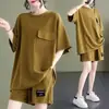 590#200 Jin Moda Terno Feminino Verão 2023 Novo Design de Bolso Casual Solto Manga Curta Shorts Conjunto de Duas Peças