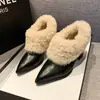 Sapatos Femininos de Couro Slip-On Bico Fino Peludos, Novo Estilo Inverno 2026, Sapatos de Algodão Quentes Espessos de Salto Alto Fashion