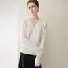 Estilo luxo leve~Cardigã 100% caxemira pura para mulheres, suéter de tricô trançado com gola V espesso, peça de outer wear simples e elegante
