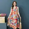 Vestido Colete de Algodão e Seda Plus Size Verão Novo Estilo Étnico Roupas Femininas Retrô Literário Estampado Sem Mangas Saia Longa