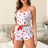 Pijamas Europeos y Americanos Transfronterizos para Mujer con Estampado de Amor de Lazo Sexy Shorts con Tirantes Ropa para el Hogar Traje de Dos Piezas