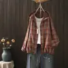 Camisa Xadrez com Capuz de Manga Longa de Botão Único Estilo Literário para Mulheres, Novo Estilo de Outono, Jaqueta Fina Casual Clássica