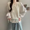 Suéter de punto de otoño para mujer talla grande, cuello redondo, corbata de lazo, retazos, manga larga, imitación de dos piezas