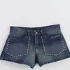 Shorts de tiro bajo versátiles y de gran venta marca Z con remaches, estilo europeo y americano para mujer, mezclilla, poliéster spandex azul oscuro ZA