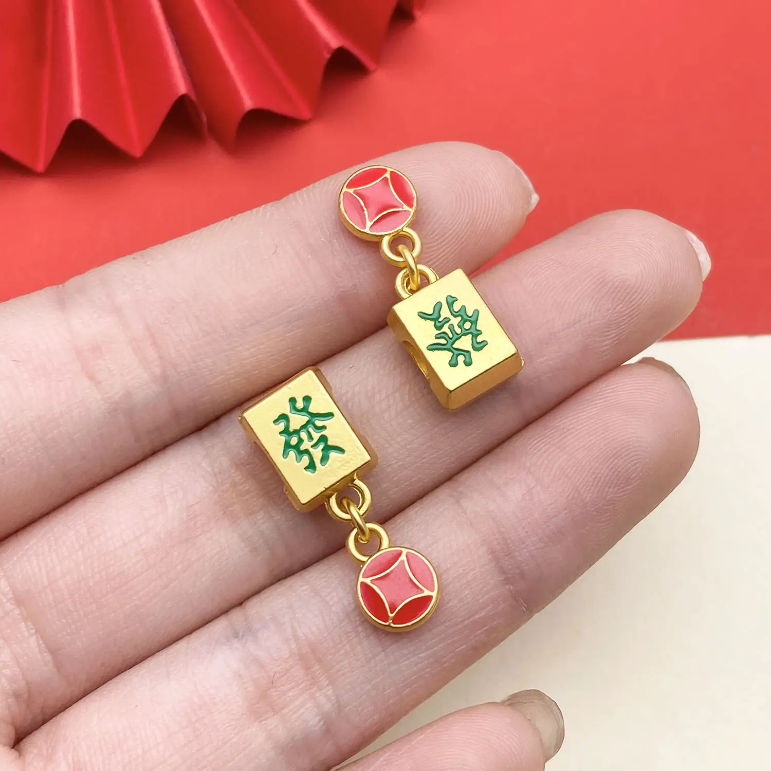 22796-ZY2-红绿色滴油古法金哑金中国风发财麻将大孔珠