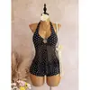 Conjunto de dos piezas con cuello halter de lunares europeo y americano transfronterizo, traje de baño dividido estilo falda de malla para ocultar el abdomen, conservador, para resort de aguas termales, para mujer