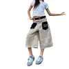 Jeans retro americanos con estampado de leopardo para mujer, diseño de bolsillo de verano, pantalones rectos cropped holgados de alta costura