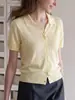 Blusa de Tricô Manga Curta Gola Polo Chic Estilo Coreano High-End Amarelo Claro Slimming de Botão Único 10622