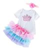 Roupa infantil atacado vestido de aniversário de bebê vestido de princesa manga curta para recém-nascido conjunto de três peças para bebê