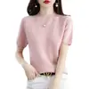 Camisa Casual Corta de Color Sólido Verano Adelgazante Hueca Camiseta Base Suéter de Punto de Manga Corta de Seda de Hielo Top