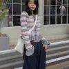 Nueva colección de otoño estilo coreano: Cárdigan de punto patchwork a rayas con volantes, una prenda exterior elegante para mujer