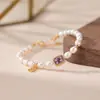 Yilu Plata de Ley S925 Chapado en Oro Perla de Agua Dulce Amatista Cuenta Redonda Calabaza Cuadrada Geométrico Pulsera Casual Pulsera