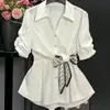 Camisa Elegante de Trabajo con Lazo para Mujer, Estilo Amazon Transfronterizo Europeo y Americano, Cuello en V, Ceñida a la Cintura, Top de Trabajo Adelgazante