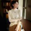 Suéter de Ganchillo Ajustado de Alta Elasticidad 100% Lana Pura para Mujer Suéter Delgado Otoño e Invierno 2025 Camiseta de Punto de Cuello Alto