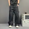Jeans Masculino Retro Americano Preto Raw Denim Desconstruído Costura Contrastante Rebites Workwear Calça de Perna Larga Reta Solta Comprimento no Chão
