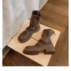 Versão em Couro~Novas Botas Elegantes de Salto Grosso com Solado Grosso, Bico Redondo, Design Pregueado, Zíper nas Costas e Botas Curtas de Couro Genuíno para Mulheres