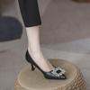 Sapatos de trabalho profissionais de couro legítimo, salto alto, camurça, preto, plus size, elegantes, lindos, salto agulha, boca rasa, camada única