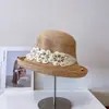 Sombrero de Pescador Decorativo de Rafia con Encaje Artístico para Mujer, Sombrero de Cubo Transpirable Versátil de Ala Enrollada para Vacaciones y Viajes, Sombrero para el Sol