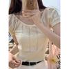 Camiseta de punto de seda helada calada de manga corta con lazo, nuevo estilo de verano, cuello redondo, corte ajustado, top corto petite, Fábrica