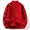 Suéter rojo de cuello medio para Año Nuevo para hombre, tejido de punto para hombre para otoño e invierno, suéter de lana de marca de moda con media cremallera