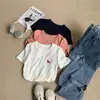 Diseño Elegante Bordado de Poni Algodón de Bambú Camiseta de Manga Corta Moda Femenina Versátil Reductor de Edad Blanco Top de Cuello Redondo Ins