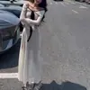 Vestido Feminino de Outono com Mangas Longas, Ombro a Ombro, Estilo Francês, Ajuste ao Corpo, Ombro a Ombro, Mangas Sino, Amarração, Saia Longa que Marca o Quadril