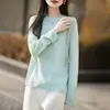 Novedad Primavera/Verano 2026 Tejido de Punto Premium para Mujer de Seda y Lana Cuello Redondo Manga Larga Borde Enrollado Color Sólido Camiseta Básica